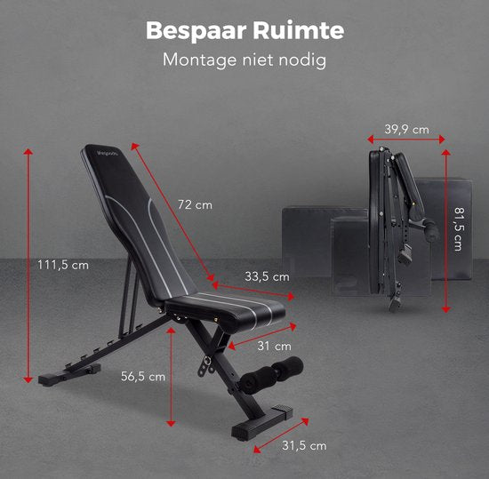 LifeGoods Fitness Halterbank - Fitnessbank - Bench Press - Trainingsbank - Verstelbaar - Inklapbaar - Zwart/Grijs