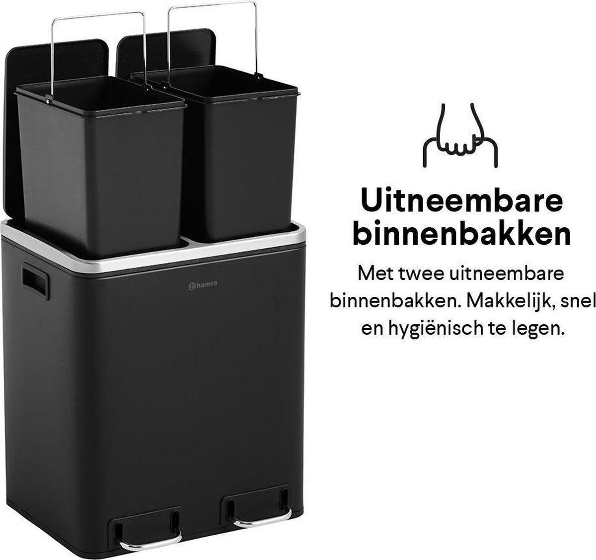 Homra BLINQ Prullenbak 30 Liter - 2x15 L inhoud - Duo Pedaalemmer - RVS -  Zwart - 47x41x35 cm