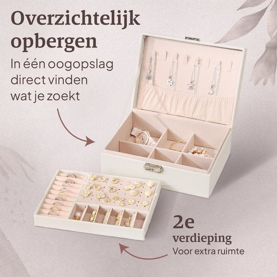 Vimora Sieradendoos met extra verdieping - Wit - Juwelendoos - Sieradenkistje - Voor Volwassenen, Meisjes, Heren & Dames - Geschikt Voor Kettingen, Oorbellen, Armbanden & Ringen