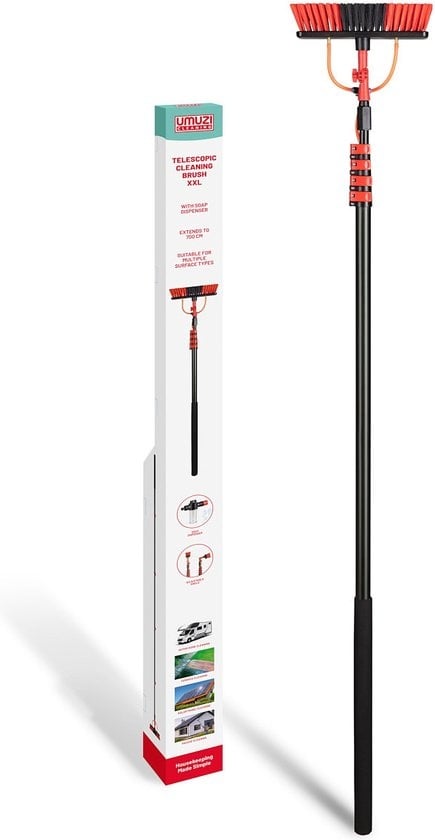 Umuzi Cleaning Telescopische Waterborstel - 7 m Uitschuifbare Schrobborstel voor Ramen, Gevel en Huis - Reiniger met 4 Uitschuifbare Delen - Zeepdispenser met Doseerknop