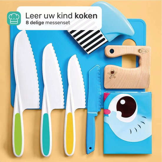 Qwali Blue Kindermessen Set - Veilig - Inc. snijplank - Kinder - bestek - Messen Kind - Keuken - Speelgoed