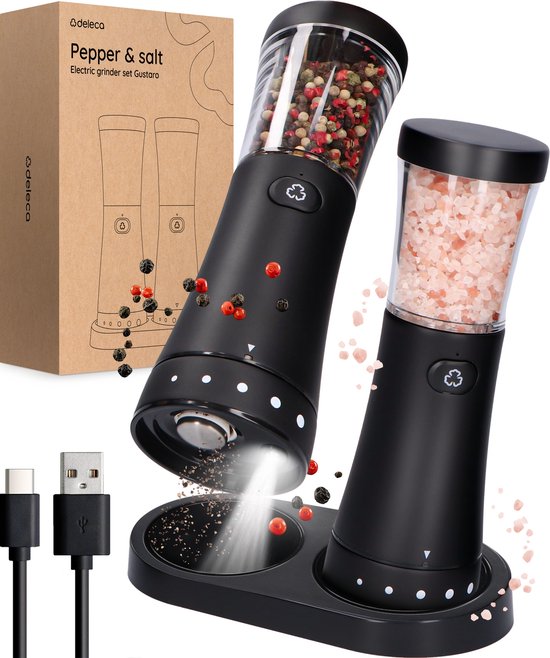 Deleca Elektrisch Peper en Zoutmolen Set Gustaro - 130ml Opslag Capaciteit - Luxe Zout & Pepermolen Stel - Instelbare Maalgraad - USB Oplaadbaar / Zwart