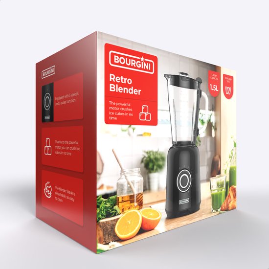 Bourgini Retro Blender - 5 snelheden en pulsfunctie - 1,5 Liter - Blender Smoothie - 500 Watt - Zwart