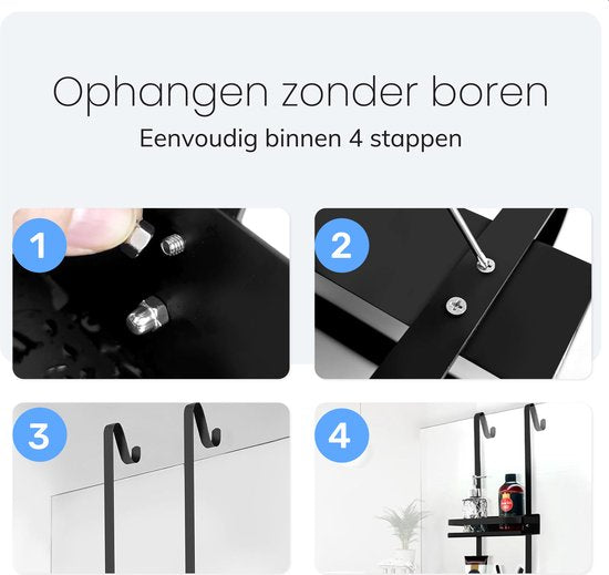 Doucherek - Telescopisch, hangend en ophangen zonder boren - 2 laags met haken - Zwart - Luft