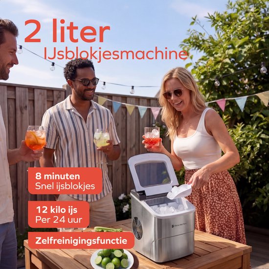 KitchenBrothers Ijsblokjesmachine - 2L - 12kg/24 uur - IJsschep - IJsblokjesmaker - Zelfreinigingsfunctie - Zilver