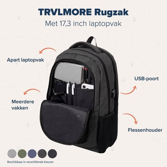 TRVLMORE Rugzak - 36L - 17 inch - Laptop Rugtas - Schooltas - Unisex - Spatwaterdicht Antraciet