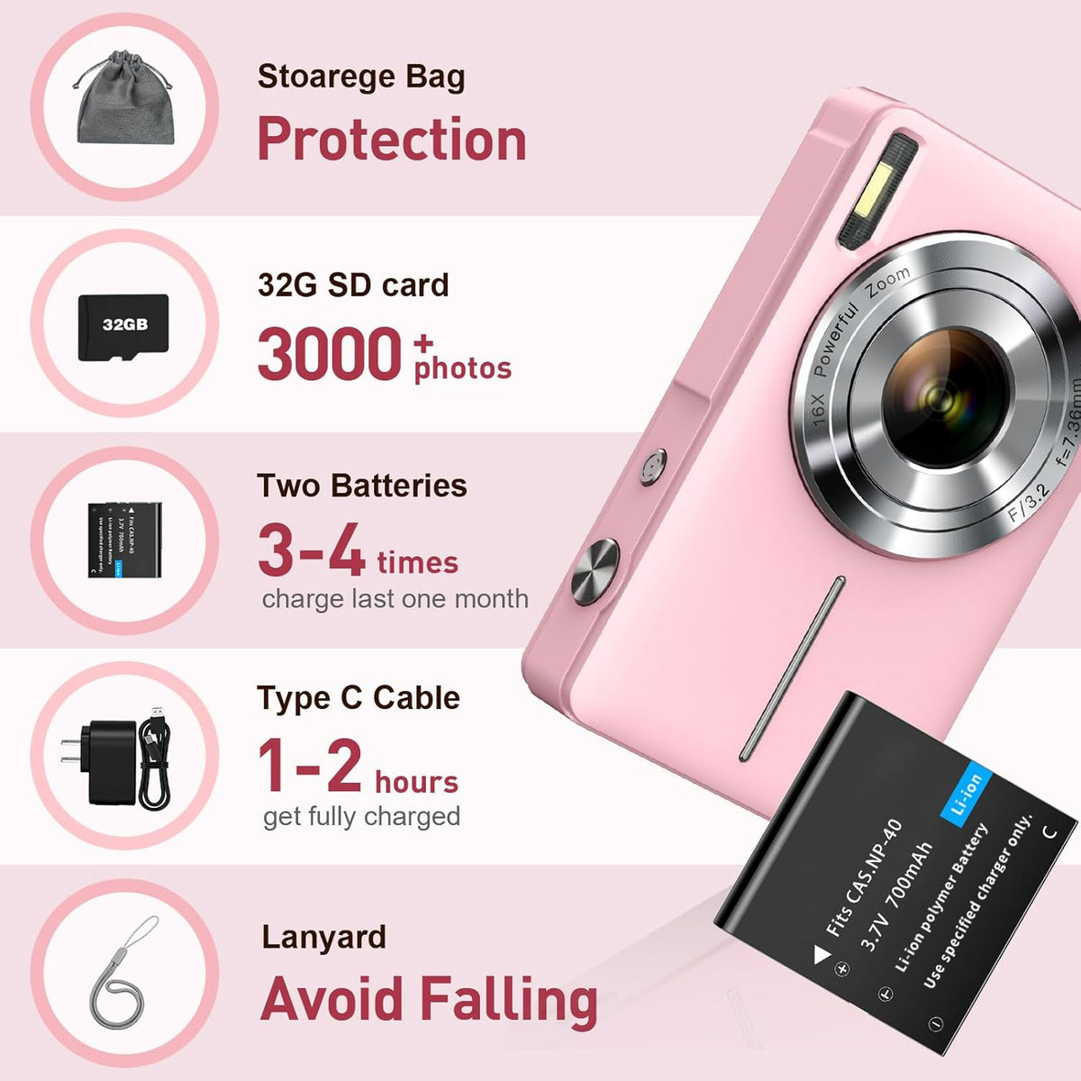 Songdian compacte camera 4K 44 MP voor fotografie en video, 16x zoom - roze