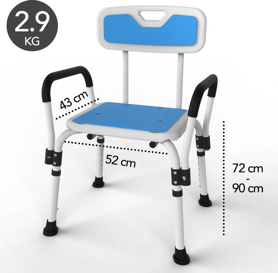 Brixy Douchestoel Met Afneembare Rugleuning En Armleuning - Anti Slip - Verstelbare Hoogte - Max. 150 kg - Douchekruk - Badkamerstoel