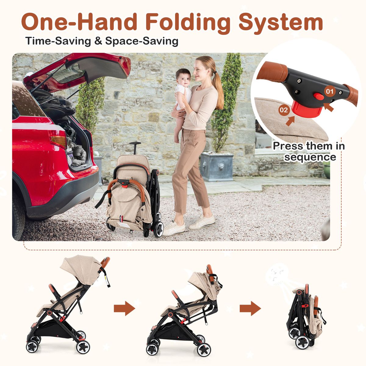 Coast Opvouwbare Kinderwagen - verstelbare rugleuning en voetensteun - schokdempende wielen - beige