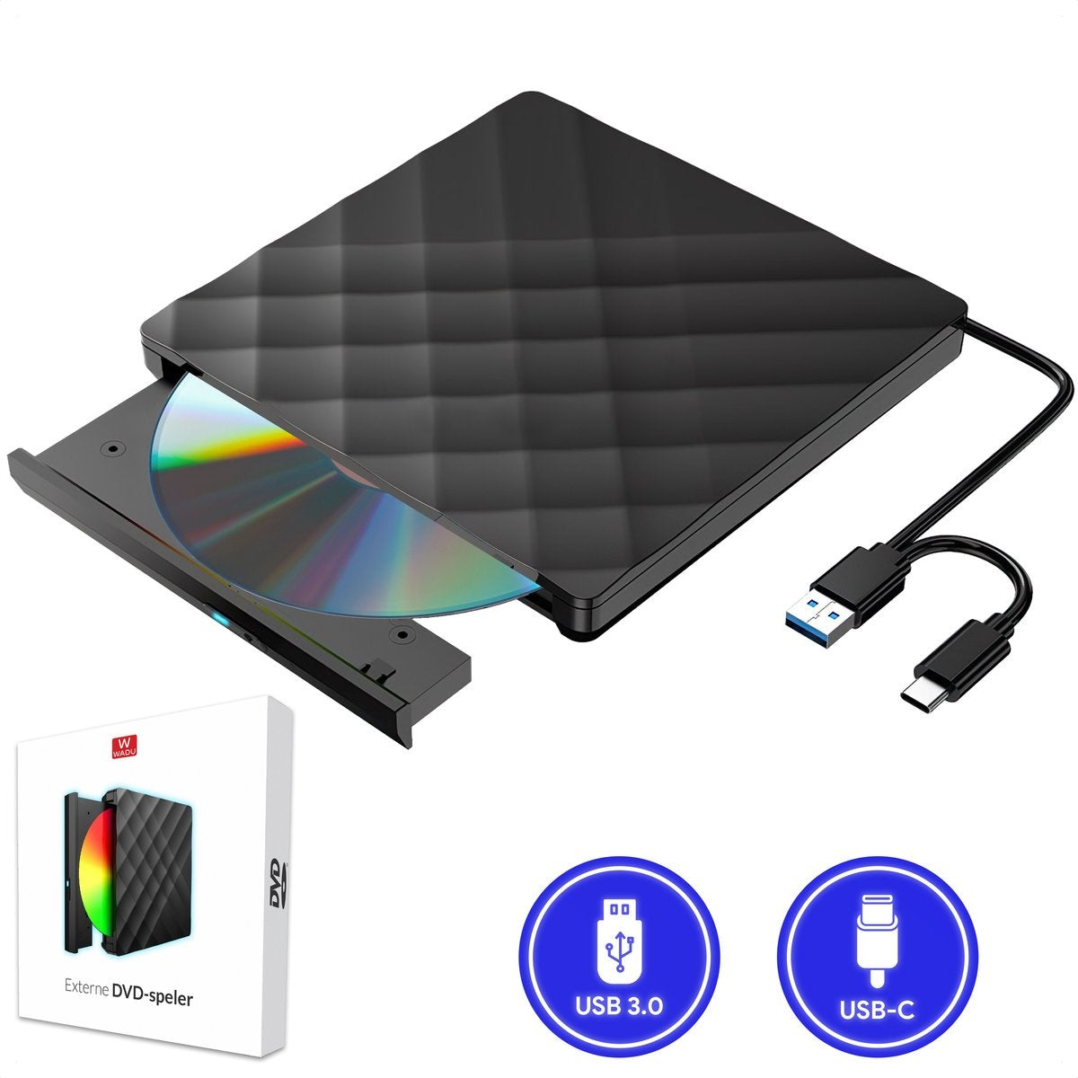 WADU externe DVD Speler voor laptop - Optical Drive & brander - DVD/CD Drive - Geschikt voor Laptop & Macbook - Mini USB en USB C