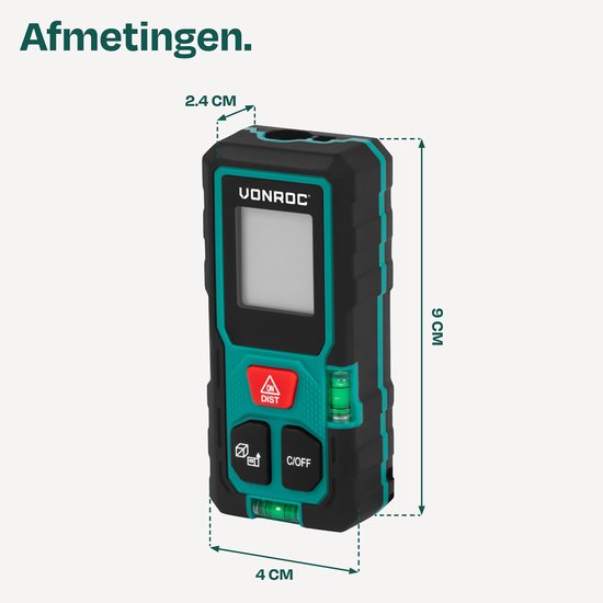 VONROC Laser Afstandsmeter – 50 meter bereik – Zeer compact formaat – meet afstand, oppervlakte, volume, Pythagorisch – Incl. handige rekenfuncties – Incl. batterijen