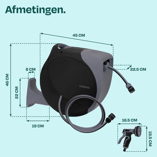 VONROC Automatische slanghaspel – wandslangbox – Incl. 30m premium tuinslang, 8-standen broespistool en koppelingen – zwart/grijs