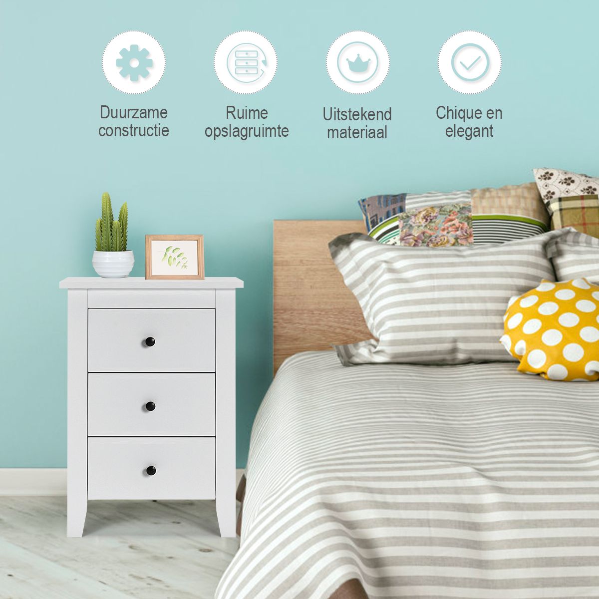 Coast Nachtkastje met 3 Laden Modern – Wit – 46 x 37 x 65 cm – Stijlvol & Ruime Opbergruimte