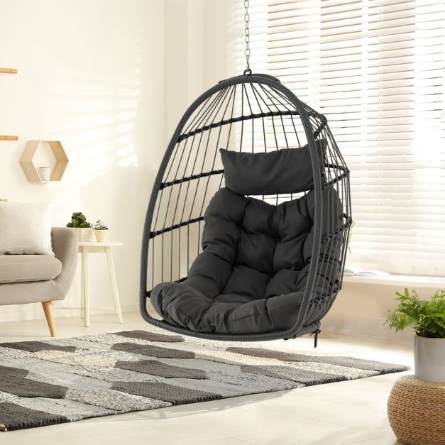 coast Opvouwbare Hangstoel van PE-Rotan – Grijs – 77,5 x 74 x 105 cm – Inclusief Zit- & Hoofdkussen – Voor Binnen & Buiten