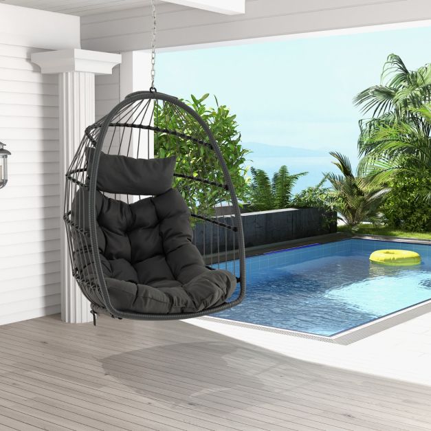 coast Opvouwbare Hangstoel van PE-Rotan – Grijs – 77,5 x 74 x 105 cm – Inclusief Zit- & Hoofdkussen – Voor Binnen & Buiten