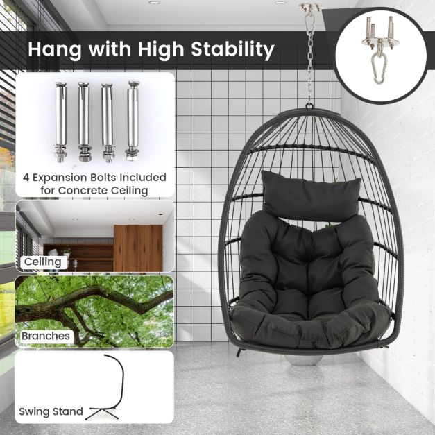coast Opvouwbare Hangstoel van PE-Rotan – Grijs – 77,5 x 74 x 105 cm – Inclusief Zit- & Hoofdkussen – Voor Binnen & Buiten
