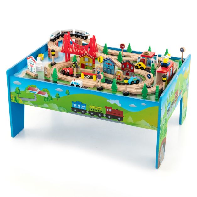 Coast Treinspeelset met Houten Tafel - 80 Delig - Dubbelzijdig Bord - 82,5 x 60 x 40 cm - MDF/Massief Hout