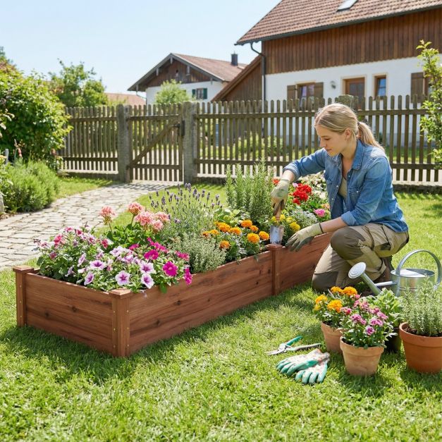 Coast Verhoogde Plantenbak Bruin – Houten Moestuinbak met 2 Kweekvakken en Verdelers – 228 x 62 x 25 cm