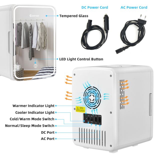 Coast Minikoelkast - Make-up Koelkast - 10 L - Met Led-Spiegel - 23 x 28 x 34 cm - Wit