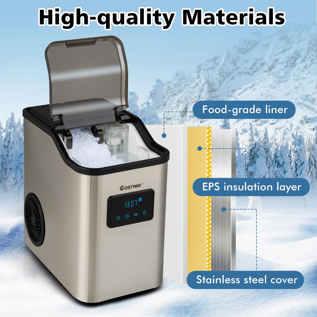 Coast Ijsblokjesmachine - Crushed Ice Maker - 24 kg/dag - 2,5L Watertank - Zilver - 38,5 x 24 x 38 cm