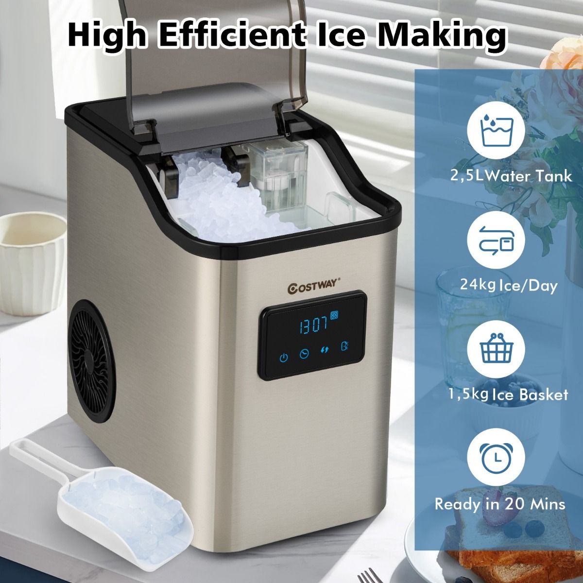 Coast Ijsblokjesmachine - Crushed Ice Maker - 24 kg/dag - 2,5L Watertank - Zilver - 38,5 x 24 x 38 cm