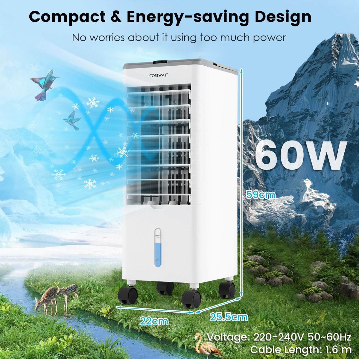 Coast Mobiele Airconditioning - 3 in 1 - Zonder Afvoerslang - 60W - 2,8L - 25,5 x 22 x 59 cm - Wit