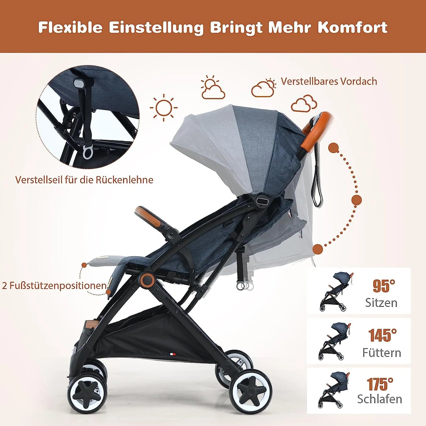 Coast Opvouwbare Kinderwagen - Verstelbare Rugleuning & Voetensteun - 41 x 72 x 96,5 cm - Blauw