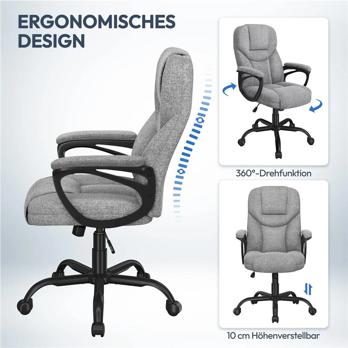 Ergonomische Bureaustoel met Armleuningen 360° Draaibaar In Hoogte Verstelbaar en Schommelfunctie Grijs