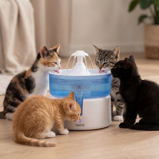 Princess Drinkfontein voor Kat - 2 Liter – 4‑laags Filtratie – Fluisterstil 30 dB – BPA‑vrij – Draadloze Pomp – Incl. Filter - Katten & Honden - Makkelijk Schoon te Maken - 620010