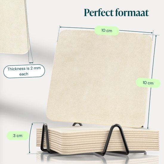 Castagnola Kunstlederen Onderzetters – Onderzetters voor Glazen – Design Onderzetters met Houder – Leren Onderzettersset met metalen houder – Leder – Set van 10 - Offwhite - 10x10cm
