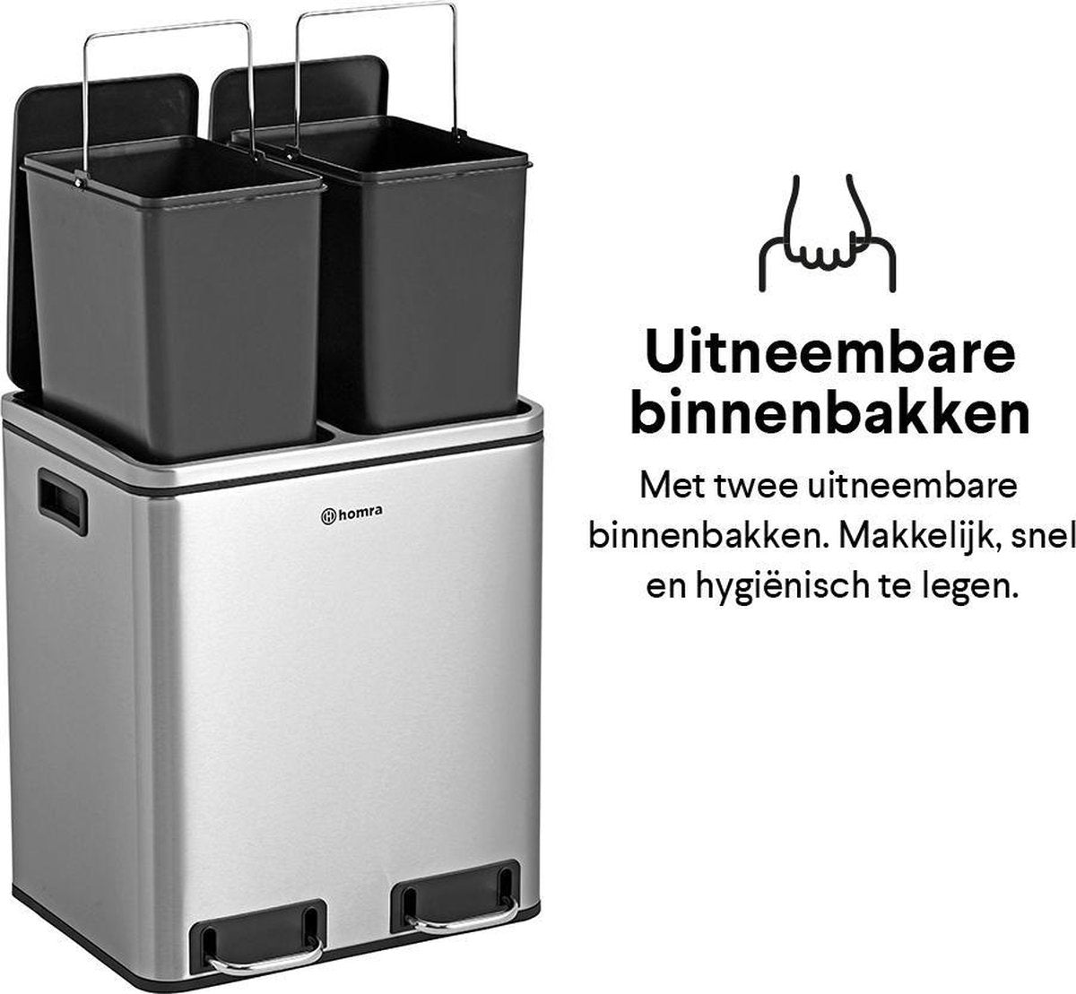 Homra BLINQ afvalscheiding prullenbak met 2 vakken - 2 x 15 L vuilnisbak - RVS duo Pedaalemmer - 2-vaks Afvalemmer 30 Liter - Hygiënisch Afval Scheiden - Keuken Vuilbak - Pedaal Afvalbak - Soft Close deksel - Recycle afvalbak