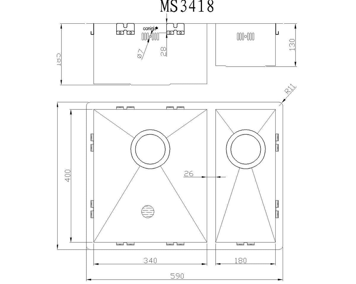 Mizzo Quadro Dubbele Spoelbak L 34-18X40CM - 1,5 spoelbak - Wasbak Keuken - Onderbouw / Vlakbouw / Inbouw - RVS 1.2mm dik