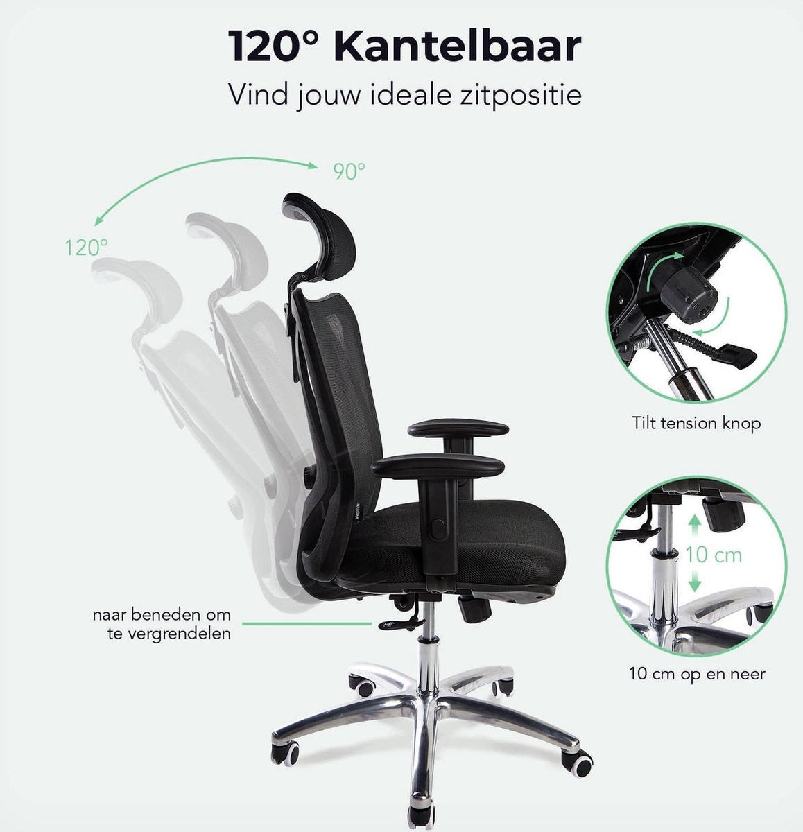 LifeGoods Ergonomische Bureaustoel - Office Chair - Volwassenen - Verstelbaar - Hoofdsteun - Zwart/Chroom