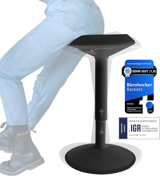 Backerz Wiebelkruk - Ergonomische Wiebel Stoel hoogte 40-60cm - Balanskruk - Zit Sta kruk - Zadelkruk Zwart