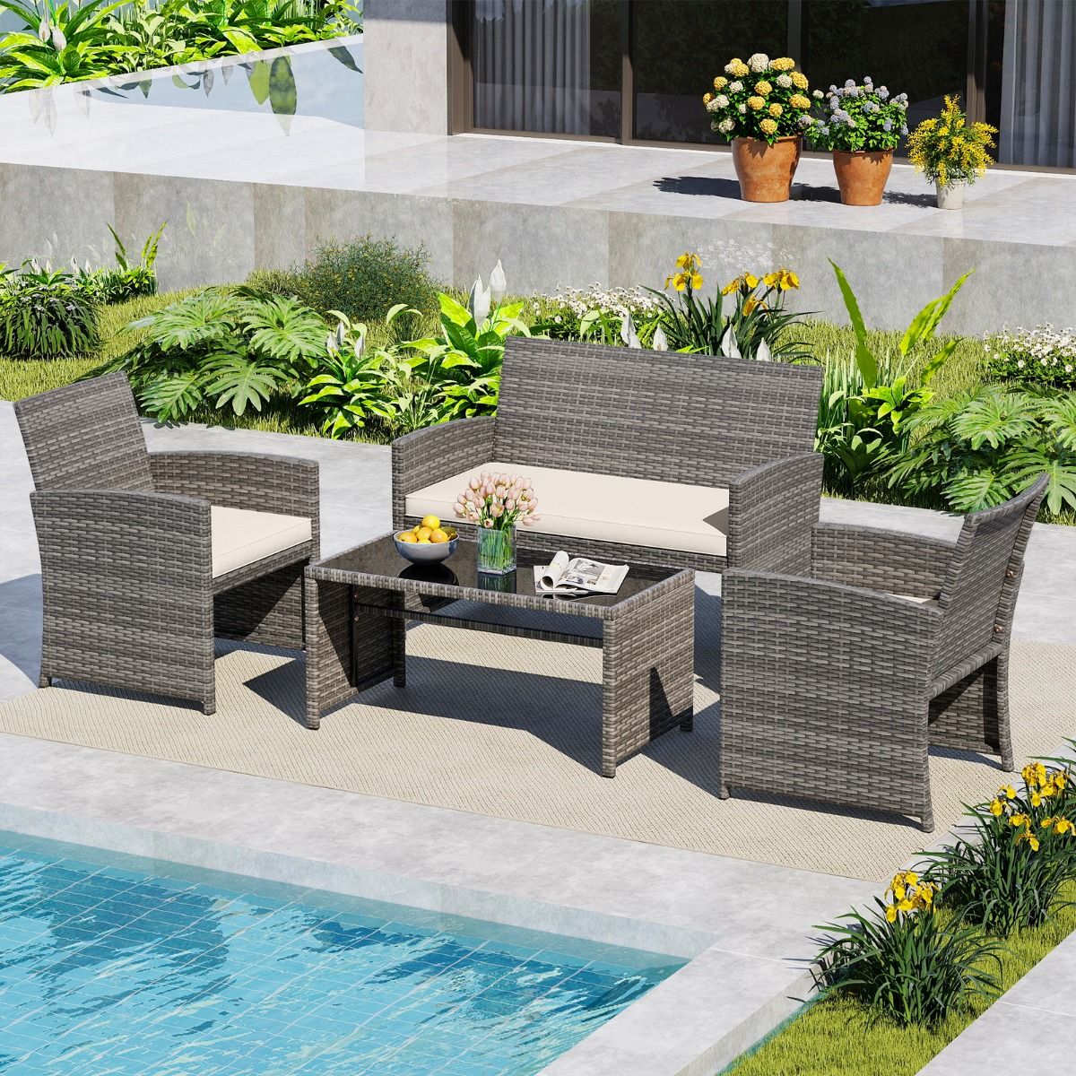Coast 4-delige tuinmeubelset - rotan loungeset met witte kussens - tafel met veiligheidsglas - grijs