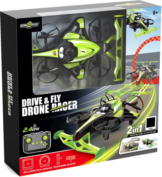 Gear2Play Drive & Fly Drone Racer groen - 2-in-1 Drone die rijdt en vliegt - Incl. Stunt accessoires en oplaadbare batterij