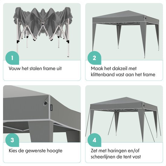 LifeGoods Partytent Plus - Opvouwbare tent - 3x3 m - Easy Up - Versterkt Frame - Waterdicht – Draagtas - Grijs