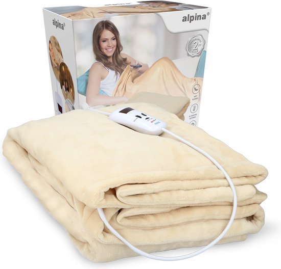 alpina Warmtedeken Elektrische Bovendeken 130 x 180 cm - 1-Persoons Elektrische Warmte Deken met Timer 1-9u - Knuffeldeken met 10 Standen - Wasbare Omslagdeken - Flanel - Beige