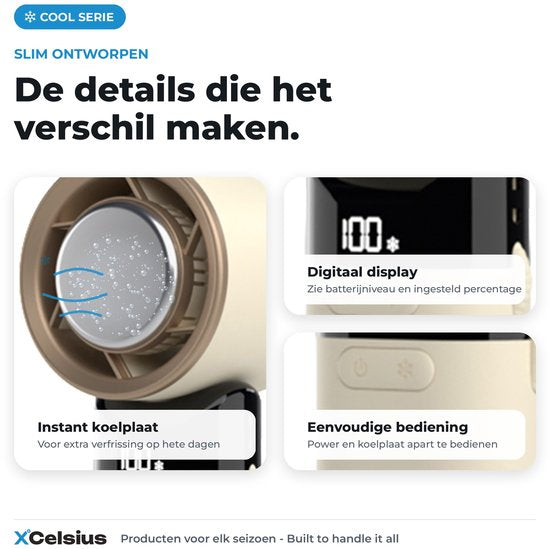XCelsius® Handventilator - Draagbare Mini Ventilator Opvouwbaar - Oplaadbaar met USB-C - 0% tot 100% traploos instelbaar - Met Instant Koelplaat - Beige/Crème