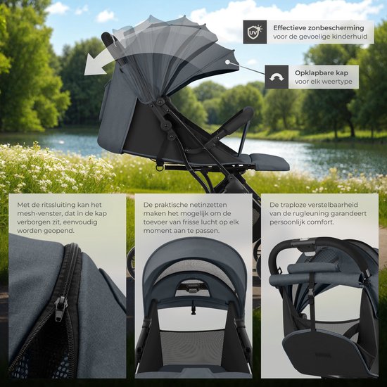 tectake® Buggy Kinderwagen Finn - Lichtgewicht plooibuggy - Inklapbaar en met opvouwbare kap - Zonwerend - Draagkracht 15kg - Antraciet