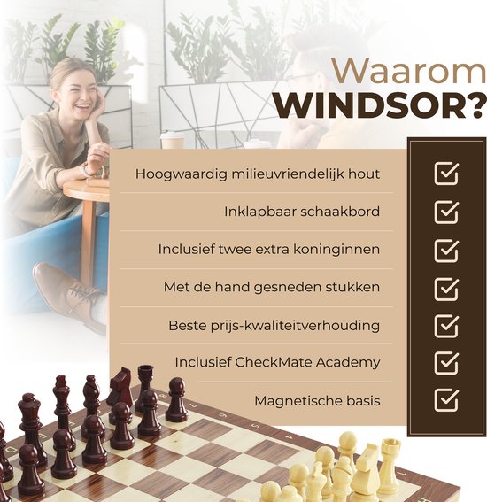Windsor Schaakbord - met Schaakstukken - 40 cm - Annotaties - Schaakset - Magnetisch Schaakspel - Chess Set - Hout