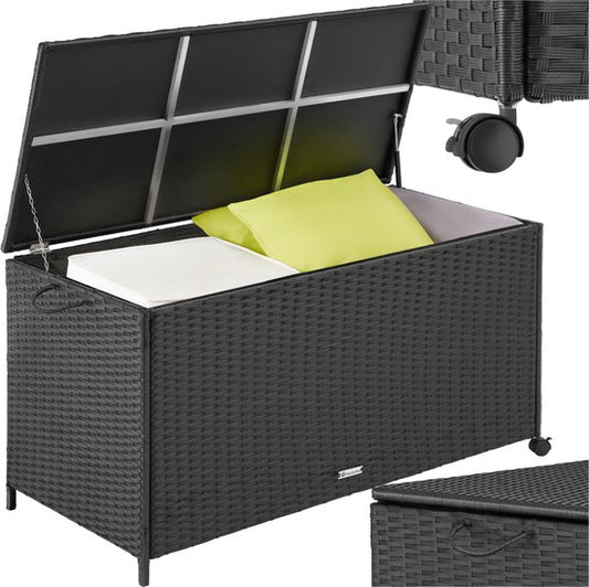 tectake® Wicker opbergbox - Outdoor kussenbox - Uitneembare binnenzak - Weerbestendig en afsluitbaar met deksel - Verrijdbaar - Inclusief 2 handgrepen, 2 wielen met rem en gasveren - Inhoud 297 l - Afmeting (LxBxH) 117 x 54 x 64 cm - Zwart