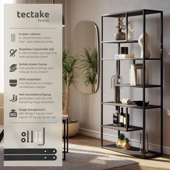 tectake® Wandkast Venda - 85 x 35 x 188 cm - Industriële Look - Stalen Frame - Kast met Kantelbeveiliging - Boekenkast met 6 Asymmetrische Vakken - Moderne Opbergkast voor Woonkamer, Keuken of Slaapkamer