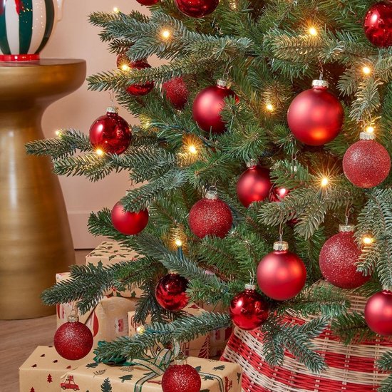 Mica Decorations Kerstballenset 42 Stuks - Kerstballen voor een Sterke Basis - Kerstversiering met Mat, Glans en Glitter - Piek in Meerdere Formaten - Ø7 cm - Rood