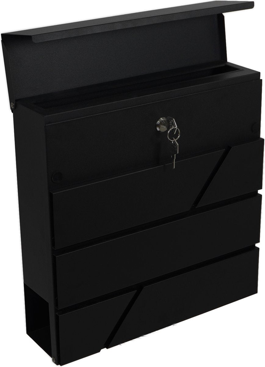 BRASQ Deluxe Brievenbus Zwart 37,5 x 36,5 x 11 cm – Wandbrievenbus met Slot en Krantenvak – Inclusief Montagemateriaal & 2 Sleutels