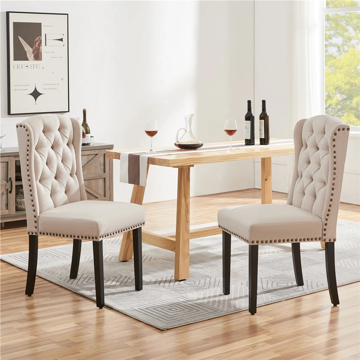 Eetkamerstoelen Set van 2 Vintage Gecapitonneerd met Houten Poten en Siernagels Beige