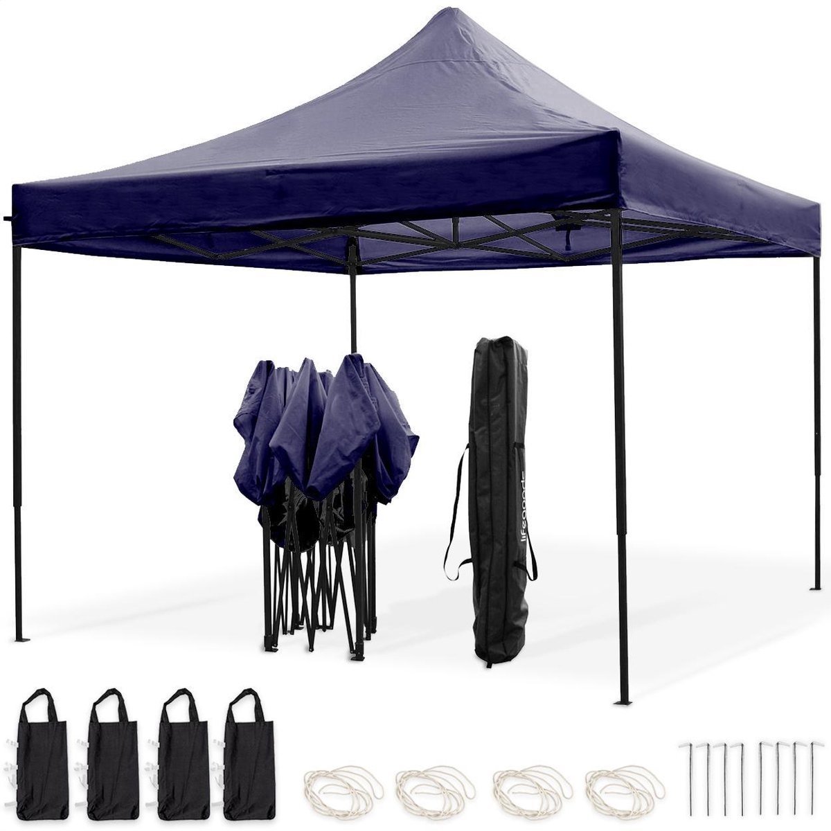 LifeGoods Partytent - Paviljoen - EasyUp - Opvouwbaar - Waterdicht - Met Draagtas met wieltjes - 300 x 300 cm - Donkerblauw