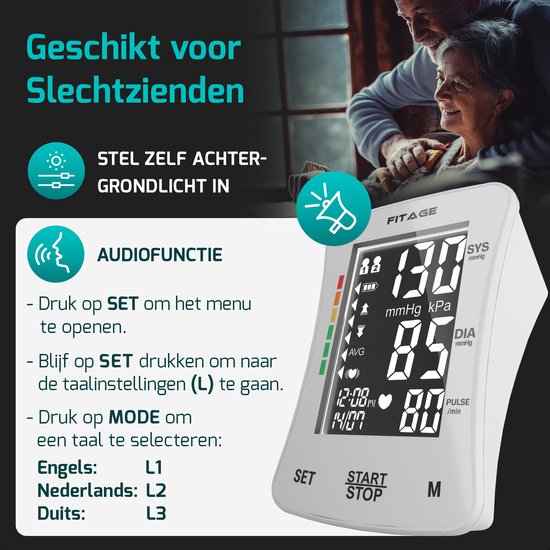 FITAGE Medische Bloeddrukmeter Bovenarm - Bloeddrukmeters - Hartslagmeter - Blood Pressure Monitor - Manchet 22-42cm - WIT