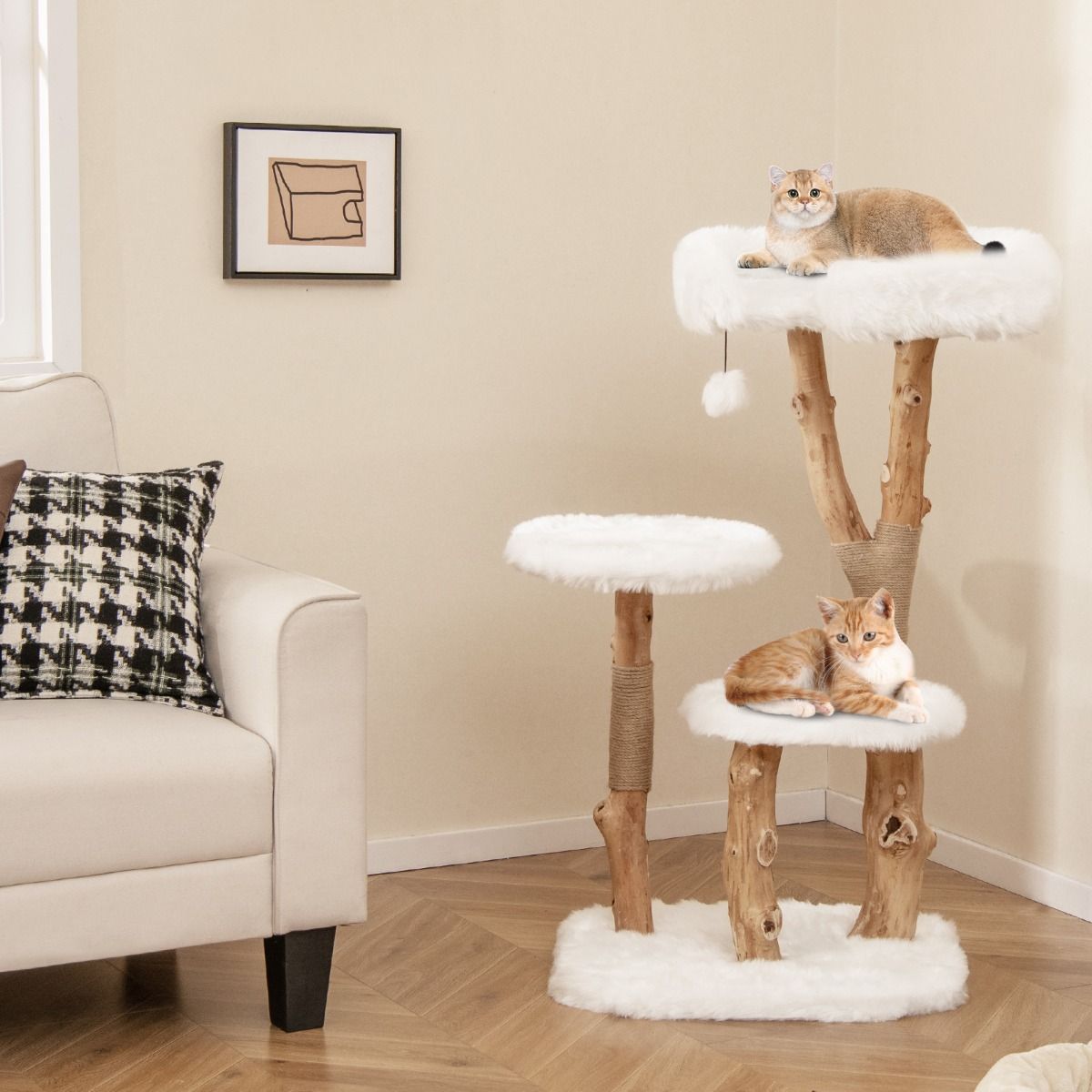 Coast Krabpaal voor katten - massief hout en jute - 4 niveaus - naturel en wit - 110 cm