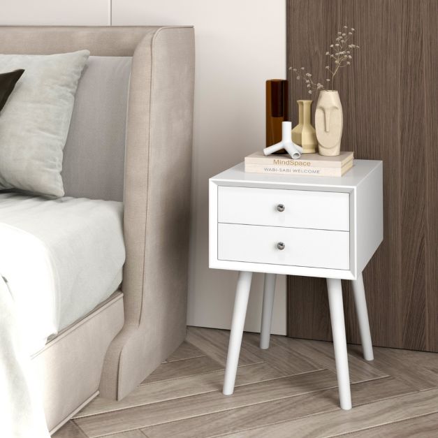 Nachtkastje Wit 40x40x59,5 cm – Houten Bijzettafel met 2 Laden en Verhoogde Poten – Coast